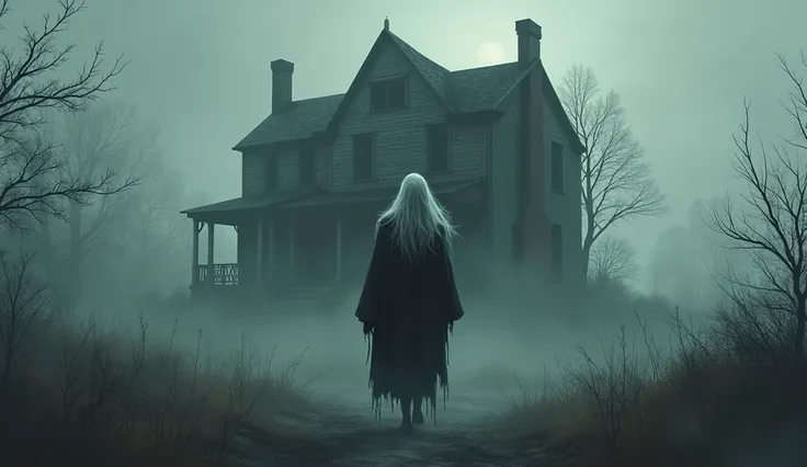 A dark and mysterious doctor illustration of a ghost in front of a foggy abandoned house. The ghost has long white hair and is wearing a tatteredrobe. The ghost is floating above the ground. The house has broken windows and the doors are open. The backgrou...