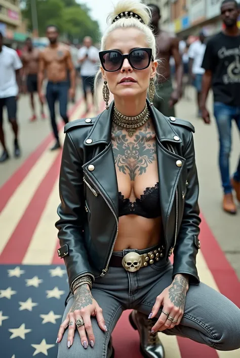 Anglosaxon old milf woman, , blonde platinum hair (beehive bun, black parsley headband), with very light green eyes, extremely pale. Wearing oversized square black maxisunglasses Wearing studded cropped black moto jacket (verical zippers on the sides). Bla...