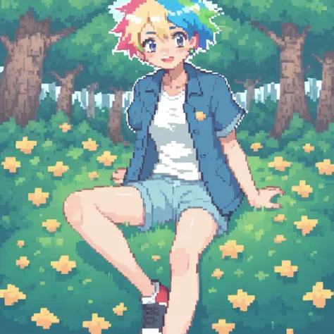  with colorful hair playing in a flowery forest, pastel colors, manga