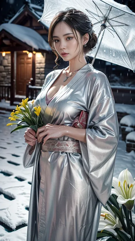 (RAW shooting, Photoreal:1.5, 8K, highest quality, masterpiece, ultra high resolution), (((heavy snow))), Highly detailed skin and facial textures:1.2, perfect dynamic composition:1.2, (In front of a shrine at night in a modern city, expression of sadness:...