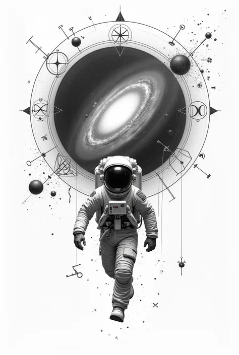 Traced drawing of an astronaut exiting a galaxy. Around the galaxy add mathematical and artistic symbols in black and white