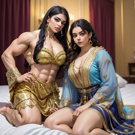 ((((Scheherazade and Dunyazad sit on the bed, One Thousand and One Nights)))), Ancient Persian Palace, dark starry night background, (((2 sisters of female bodybuilder wearing short translucent robe))), cute girls, smile, (((very muscular body, veins, port...