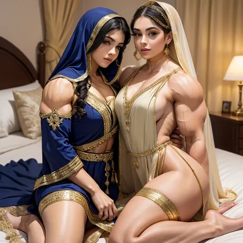 ((((Scheherazade and Dunyazad sit on the bed, One Thousand and One Nights)))), Ancient Persian Palace, dark starry night background, (((2 sisters of female bodybuilder wearing short translucent robe))), cute girls, smile, (((very muscular body, veins, port...