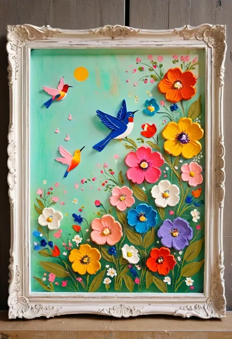 A painting in a white plaster frame：(((Soft tones，Chalk painting，Oil stick painting，flight，Thick coating，Uneven texture，Plaster texture，Graffiti)))。Korean style framed decorative painting，3D Decorating，French style flower decoration，Rich imagination，full