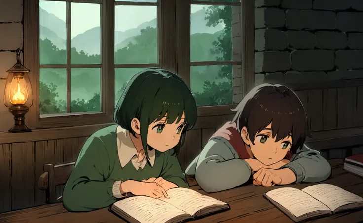 Ghibli style, a boy with open but tired eyes and a girl sleeping leaning over a book side by side studying, at a wooden table, in a rustic study room. The fireplace is lit, and the light from the lamps. The environment is cozy, with rustic furniture and st...