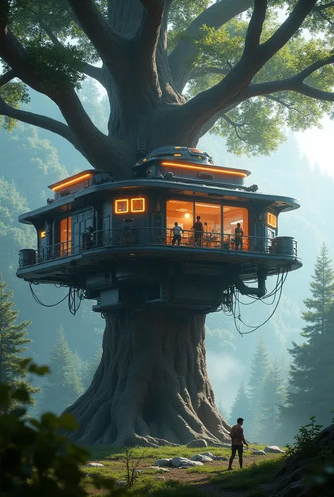 There is a tree house built in the branches of a tree, cyberpunk tree house, pine tree house, created in engine unreal 5, ( ( engine unreal ) ), the battle for the treehouse, engine unreal screenshot, villages ， engine unreal, very detailed engine unreal, ...