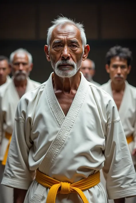 karate men and women over 70 years old with dark skin yellow and white belts

