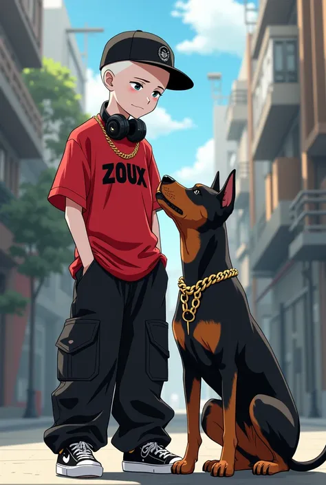 make a 14 year old boy, dressed in a red shirt that says in black letters"zoux" that he is bald and has white skin, who has a black hat on his head with a gold chain, some wide black pants and some black sneakers and white, (hiphop style) that has headphon...