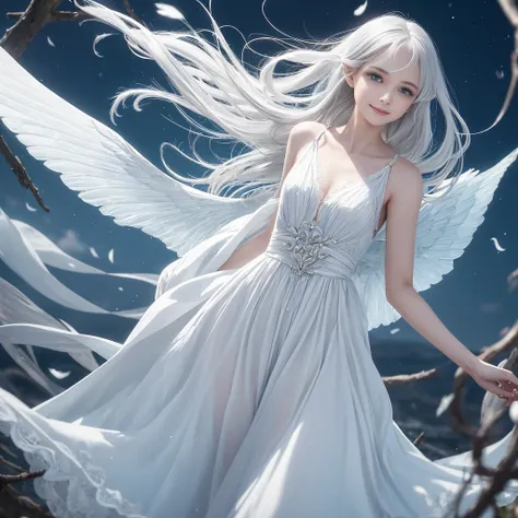 "A Sylphid Fairy, an agile and lively being who commands the power of the wind. She has flowing silver or white hair, light and airy, resembling the breeze itself. Her wings are delicate and transparent, with a subtle shimmer that reflects the light. Her e...