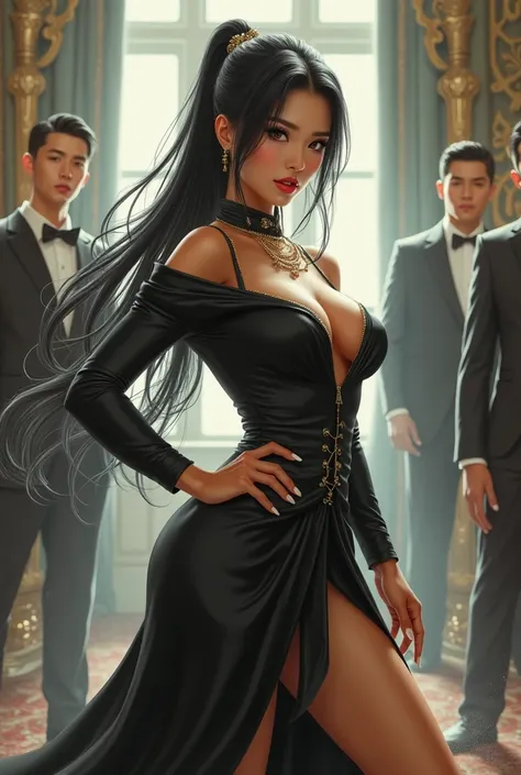 (masterpiece, Best Quality, High resolution, 32K HDR),chinese Mafia girl, man harem,strong woman,black long hair, real art