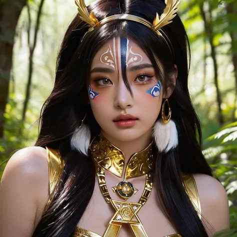 anime girl with white face paint and golden jewelry in the forest, native american woman, aztec princess, fantasy art style, dar...