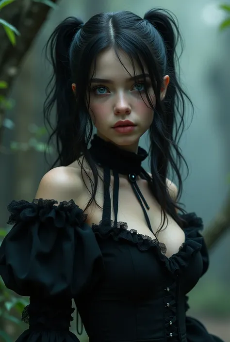 gothic teenager, gothic black dress, with hair in pigtails and pigtails. giant neckline, 30 cm high. blue eyes. pale and white skin. big breasts and slim build. wavy and lush hair in pigtails. full body image. 8k resolution. Gothic Fantasy Background.