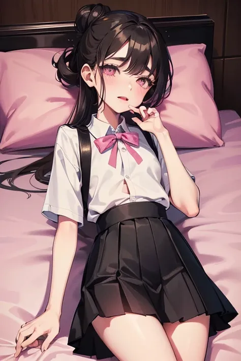 Chinese girl
,Wear black round glasses
,Short-sleeved school uniform
,White pleated skirt
,Black messy bun
,Pink heart-shaped eyes
,small waist
,Sleeping.บนเตียงนอน
,night time
,There is warm light from the bulb.
,Beautiful composition
,Taken by a professi...