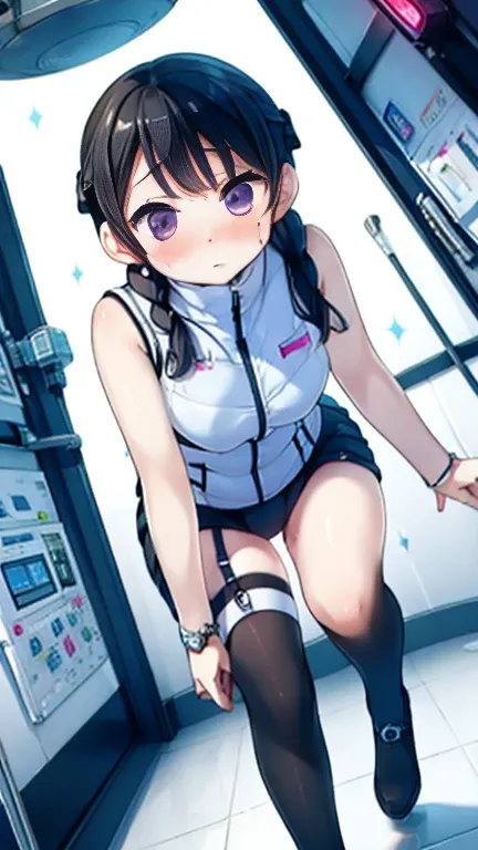 (Highest quality), (masterpiece), 1080P, High resolution, 4K, 8k, Inside the space station、Futuristic room、Thigh straps, Shooting from directly below, The woman on top of me, 白いSweat, Covered , Sweat, Woman looking down, Skirt swimsuit, Thigh-high socks, T...