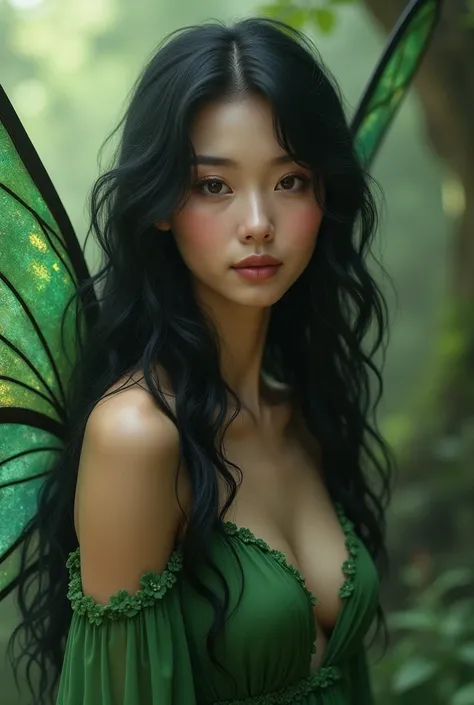 woman, long wavy black hair, fairy type, big fairy wings, green dress, looking at the camera, photorealistic