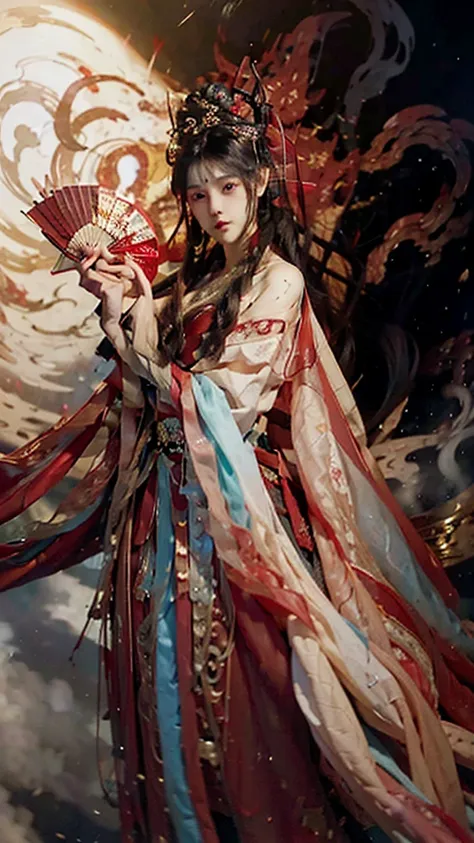 best quality,masterpiece,Ultra-high resolution,photoactual:4：0,Demon World,dark clouds all over, tornado,An iron fan princess,long flowing hair,Handsome and handsome face,sharp eyes,Big breasts,thin waist,Charming and slender,Wearing a stunning red and bla...