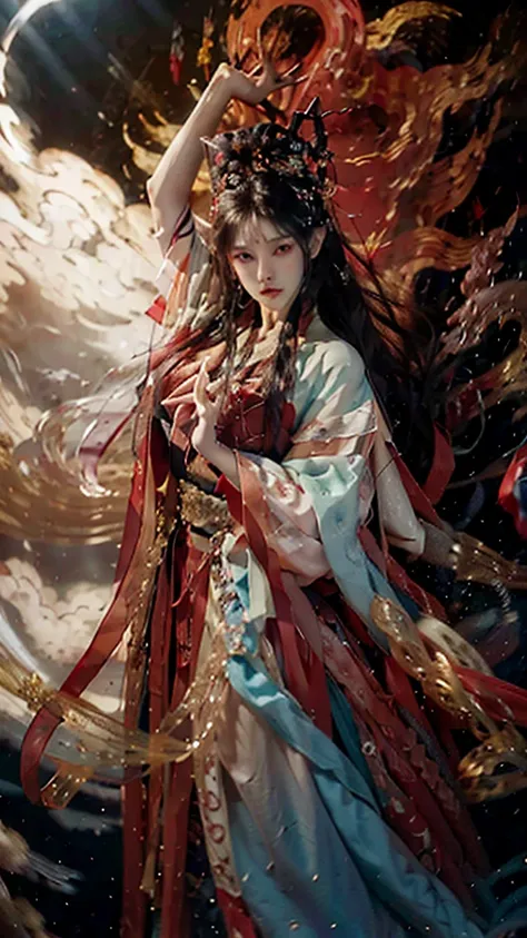 best quality,masterpiece,Ultra-high resolution,photoactual:4：0,Demon World,dark clouds all over, tornado,An iron fan princess,long flowing hair,Handsome and handsome face,sharp eyes,Big breasts,thin waist,Charming and slender,Wearing a stunning red and bla...