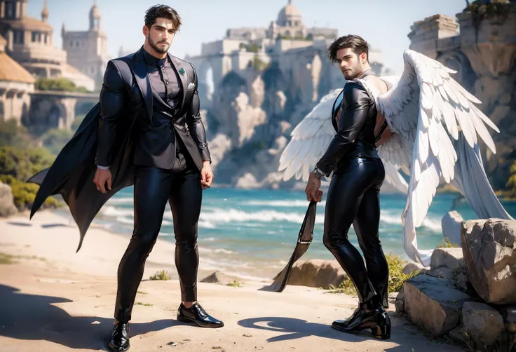 1 protagonist character, Handsome guy, LatinLover OC, beautiful face, attractive feature, dark tanned skin, blue eyes, demanding expression, Big white wings that come with the backpack., 2 angel wings, Physical aptitude, Combat Stance, man medium long hair...