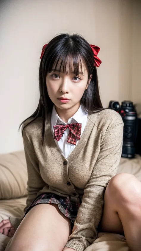 (((8k、High resolution、Highest quality、High resolution)))alone、Natural body shape、White skin、Natural Makeup、Black Hair、bangs、Straight Long Hair、、((High School Uniform)) 、((Beige cardigan、white collared long sleeve blouse))、((Red checkered pleated skirt))、(r...