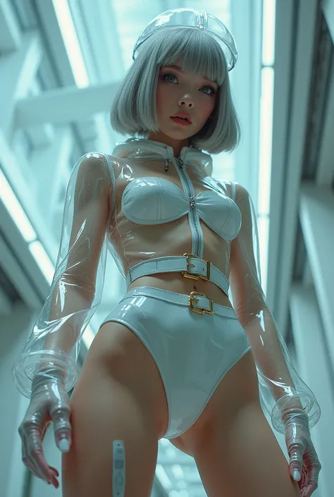 A masterpiece of the highest quality in high definition. Depict a mysterious and sophisticated young Japanese fashion model with ultra-realistic, avant-garde blue eyes. She wears a futuristic, sexy outfit made from clear, transparent latex. The outfit incl...