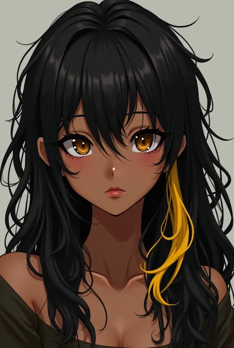 One with dark skin, eyes browns, and long black wavy hair with a yellow streak, Not Tokyo Revengers style