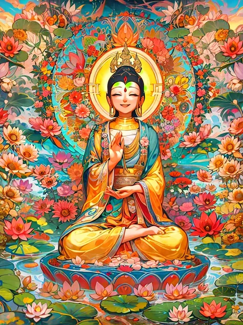 shakyamuni buddha、extremely colorful 、paradise、love、mercy、halo、smile、lotus flower、nirvana、masterpiece, high resolution, highest ...