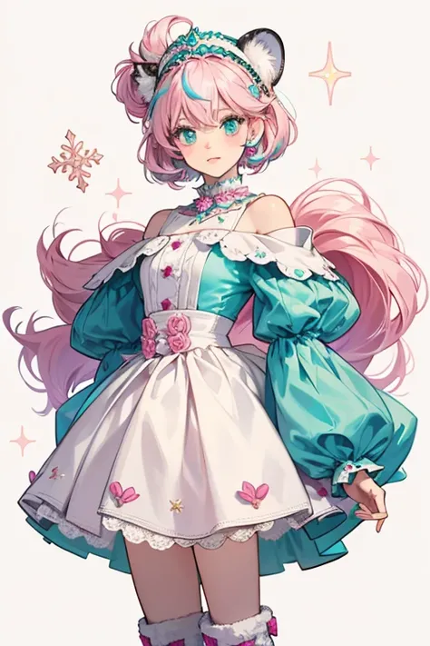 Sybill is a white doll with light pink hair.
 Her clothing features leopard spots, with multicolored snowflakes on her skirt.
 She wears a white furry headpiece and sparkly teal boots. SPARKLE; GLITTER