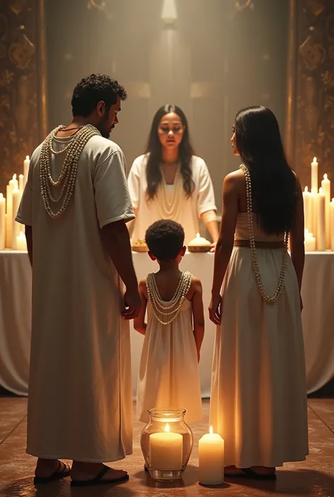 1 men,  1 child and 2 women in white clothes, with bead necklaces in front of an altar with white candles, a jug of water for baptism in Umbanda