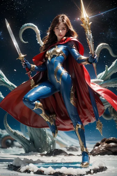 Highest quality, masterpiece, Realistic, High resolution, 8K RAW Photos, 1 person、Long Hair、goddess、Has a decorated sword、Raise your sword、((Glamour body:1.3))、(Blue bodysuit with ice motif、Gold Edge、Red Cape)、Silver Pendant、Silver earrings、(((Action pose)...