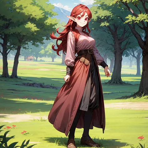 solo character, full body version, old girl, (elf), red eyes, red color hair, long hair, undercut hair, pink shirt clothing, bro...