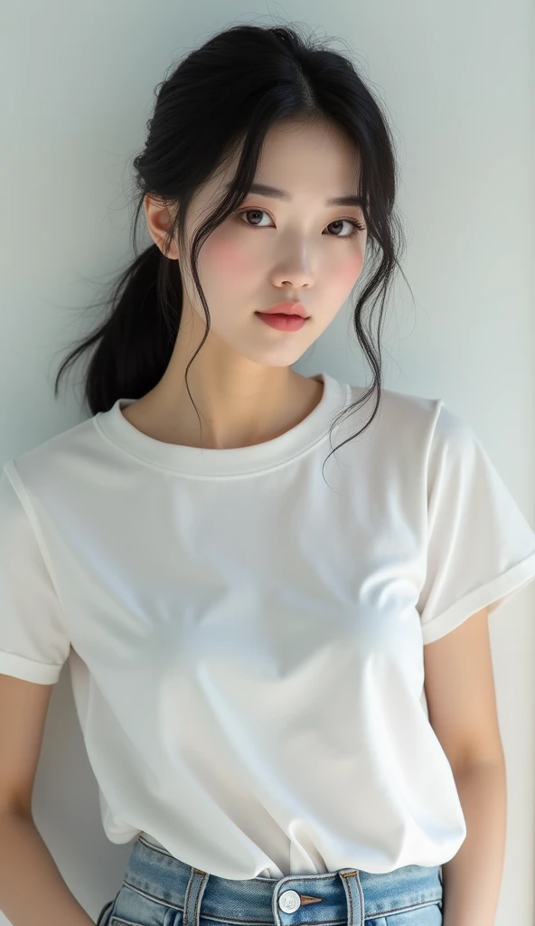 Very beautiful Japanese women, clear, Black Hair, ponytail, T-Shirts,  jeans, Upper Body