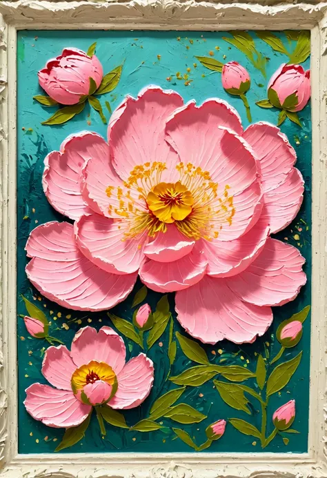 A painting in a white plaster frame on an easel：(((Soft tones，Chalk painting，Oil stick painting，flight，Thick coating，Uneven texture，Plaster texture，Graffiti)))。Korean style framed decorative painting，3D Decorating，French style peony flower