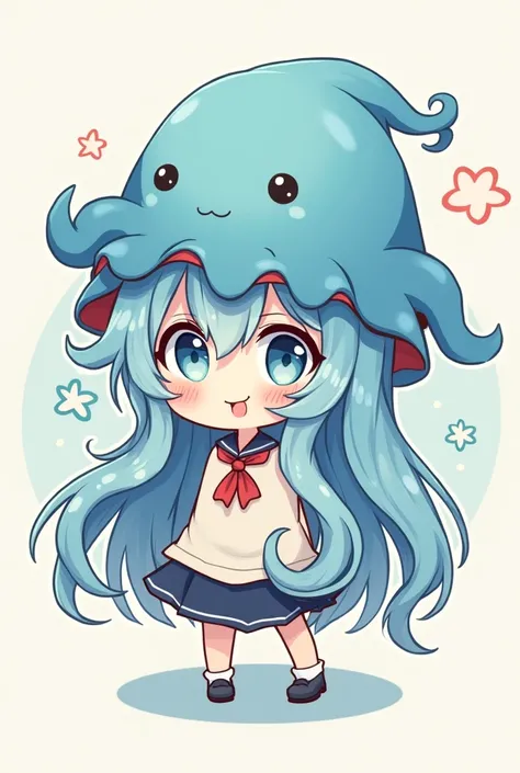 Cute girl, wearing an blue octopus hat, 2d , chibi, long hair, Tentacles hang down