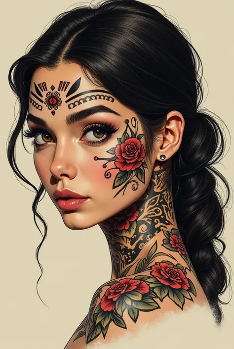 Old school style female face tattoo 