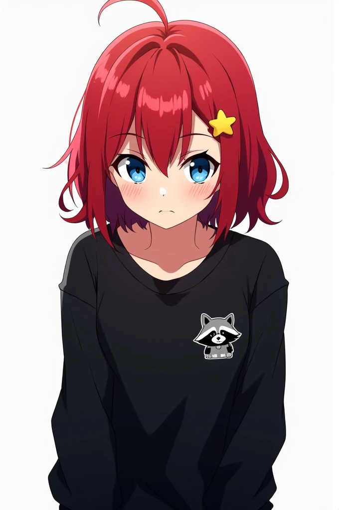 Screenshot of my hero academia. 14 year old girl, Red hair, fringe, red hair, blue eyes, Black sweatshirt with a raccoon on the right chest, serious but gentle and calm expression, White background, a yellow star-shaped hair clip  