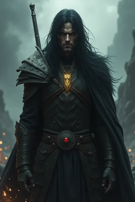 someone like guts from berserk; make him thinner with longer hair, length of hair  would be till his neck,add a golden necklace and refine the armor 