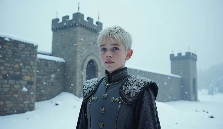 A targaryen prince teenager boy with 14 years with silver short hair and purple eyes, Winterfell scenary,