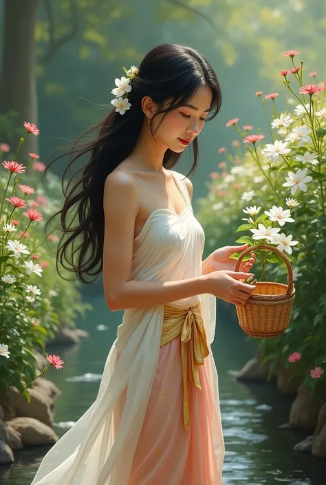 full lenght 4 k in the middle of a garden of love flowers, a beautiful young woman with a gentle and sweet face, long black hair flowing smoothly, wearing a Thai Dusit dress with a white strapless top, shimmering in the light, wearing a gold and white saro...