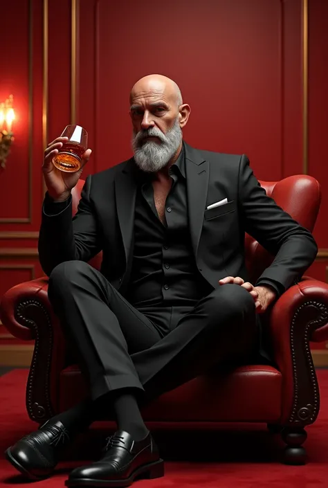 (photorealism:1.2), Handsome man, tall and strong, with a white beard, dressed in a black suit and Italian brand shoes, with a bottle of whiskey served in an elegant glass, in a red casino with lights