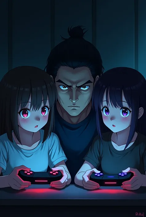 Father and 2 gamer daughters in dark anime format 