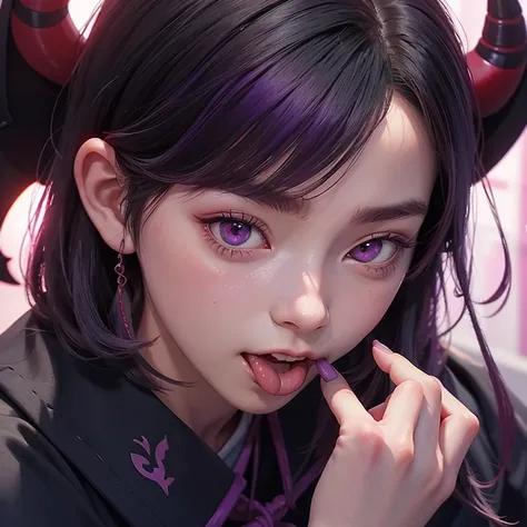 1girl,artist_name,fingernails,highres,horns_pose,leaning_forward,looking_at_viewer,mato_seihei_no_slave,purple_hair,purple_nails...