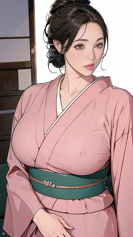 1，Japanese hairstyle，Photorealism，detailed，masterpiece，mature，((full))， (Broad shoulders), ((Huge))，プラスサイズのmature女性，expensive，30 years old，Pretty face, (Plump woman)，Beautiful long-sleeved kimono，Kimono，Hold your chest with both hands:1，high quality，Are st...