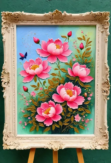 Beautiful scenery，A painting in a white plaster frame on an easel：(((Soft tones，Chalk painting，Oil stick painting，flight，Thick coating，Uneven texture，Plaster texture，Graffiti)))。Korean style framed decorative painting，3D Decorating，French style peony flowe...