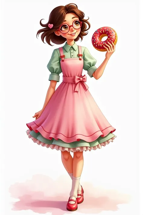 A beautiful girl confectioner, wearing glasses, short curly hair, brown eyes, pink and light green confectionery outfit, holds a donut towards her eyes, she makes wonderful beautiful donuts, watercolor colors, Disney style images, white background