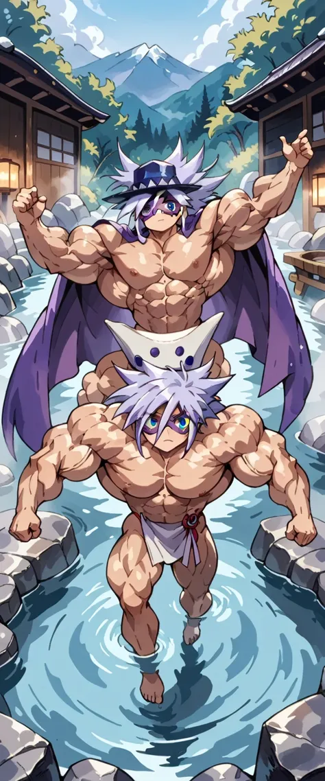 Highest quality,Masterpiece,Pro Art,8k,Based on anatomy,silk hat,Light purple hair,Eye mask,Purple Cape,Japan animated style,kait8uj8ker, white hair, spiked hair, Blue eyes,Full body image,(((Huge muscles))),In the open-air hot spring