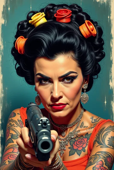 Drawing of Dona Florinda from the television series EL CHAVO holding a firearm and with colored curlers in her hair with an evil face and tattoos on her body