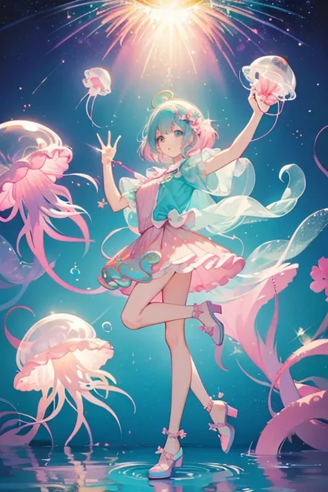 Jelanie is a light pink jellyfish with teal hair.
 She wears a rainbow outfit with a bubble skirt.
 She comes with a pink headpiece and purple shoes with "tentacles" that wrap her legs. SPARKLE; GLITTER