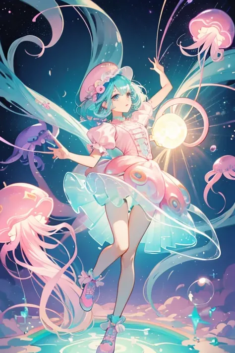 Jelanie is a light pink jellyfish with teal hair.
 She wears a rainbow outfit with a bubble skirt.
 She comes with a pink headpiece and purple shoes with "tentacles" that wrap her legs. SPARKLE; GLITTER