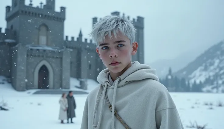 A targaryen teenager boy with 15 years with silver short hair, silver eyebrows and purple eyes, Winterfell scenary, naked in the snow, couple