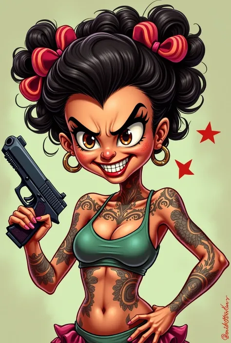 Drawing of Dona Florinda from the television series EL CHAVO holding a firearm and with colored curlers in her hair with an evil face and tattoos on her body, the woman needs to look perfectly like the series Chaves in Animated Cartoon